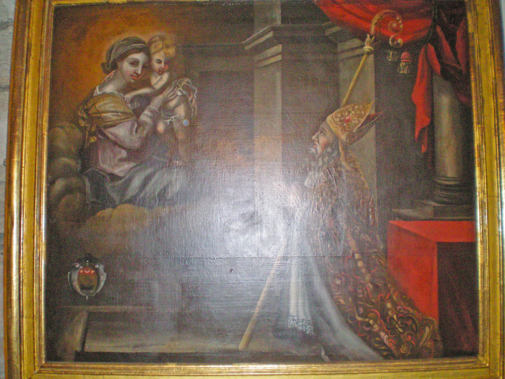 Tableau : La Vierge et l'Enfant Jésus apparaissant à un évêque